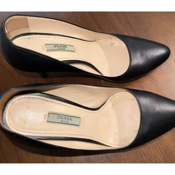 Prada Milano Black Leather Platform Pumps Pointed Toe Stiletto Heels size 8.5 - Picture 7 of 16